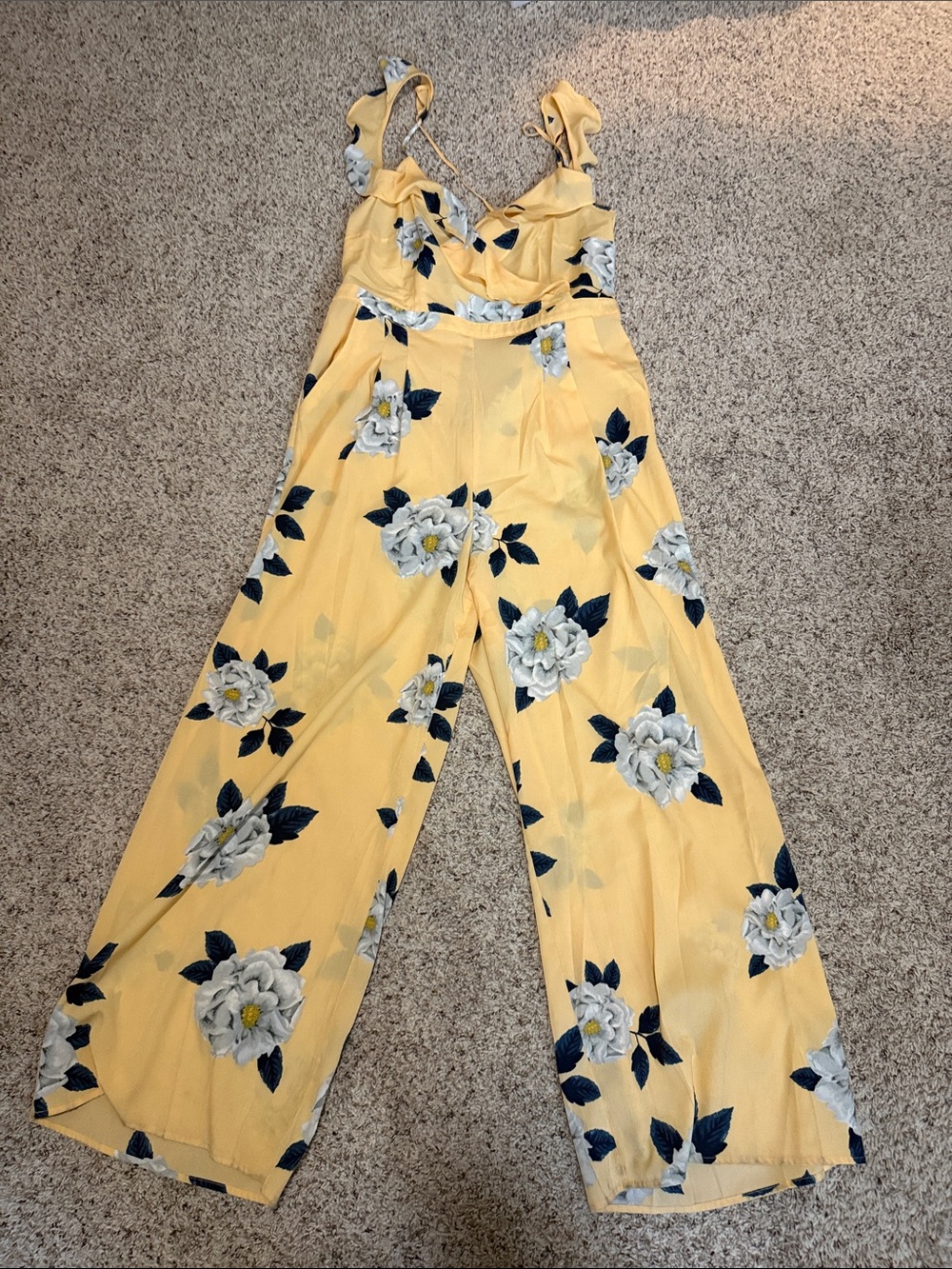 Xhilaration Yellow Floral Wide-Leg Jumpsuit with Ruffle Straps